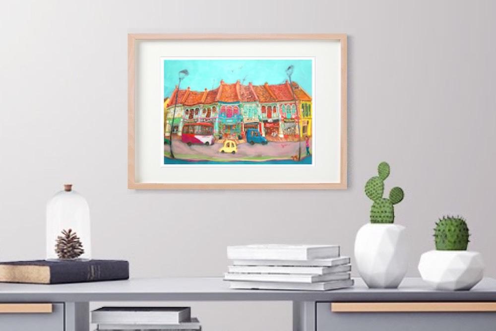 Singapore Art Poster of Katong Shophouses Street Painting with Traditional Peranakan Rumah Bebe Shop, a Vibrant Asia Travel Souvenir Print