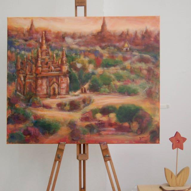 Kingdom of Temples - Myanmar Old Bagan impressionist landscape painting, original artwork of orange sunset temples and stupas in the ancient city