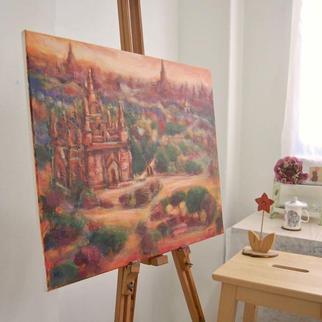 Kingdom of Temples - Myanmar Old Bagan impressionist landscape painting, original artwork of orange sunset temples and stupas in the ancient city