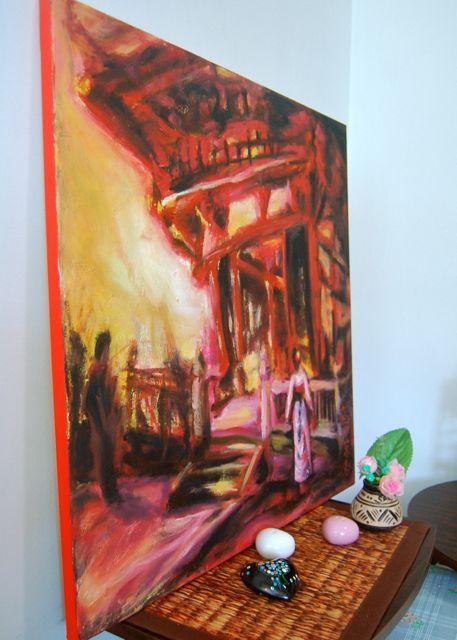 Kyoto Dream - Red Painting, Impressionist, Japanese Temple, Architectural Art, Oil Painting, Woman, Pink Kimono, Surreal Art, Mood Landscape