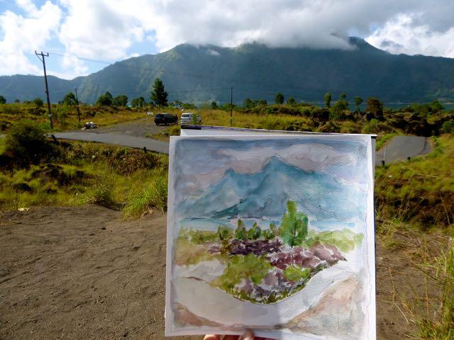 Indonesia Bali mountain lake batur landscape, impressionist original watercolour art, plein air artwork