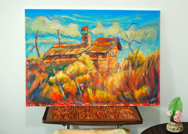 Little House On The Prairie - Impressionist, El Camino Painting, Original Landscape, Oil Painting, Whimsical Clouds, Chimney, Orange, Bright