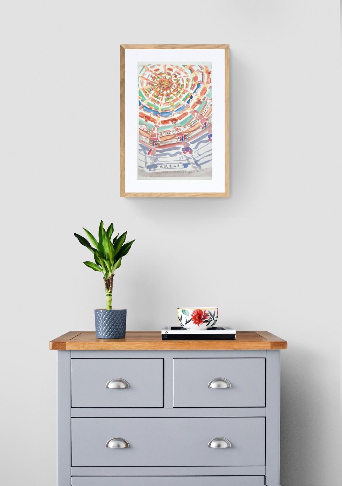 Taiwan original watercolor painting of Lukang Longshan Temple ceiling structures  -  architectural art - impressionist travel art
