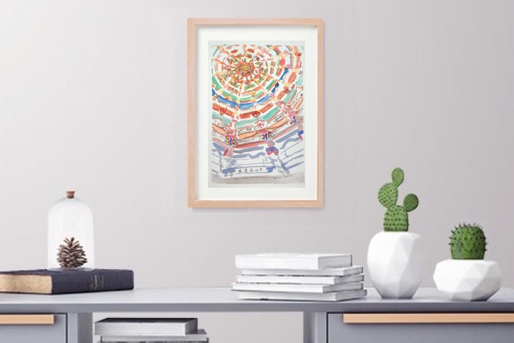 Taiwan original watercolor painting of Lukang Longshan Temple ceiling structures  -  architectural art - impressionist travel art