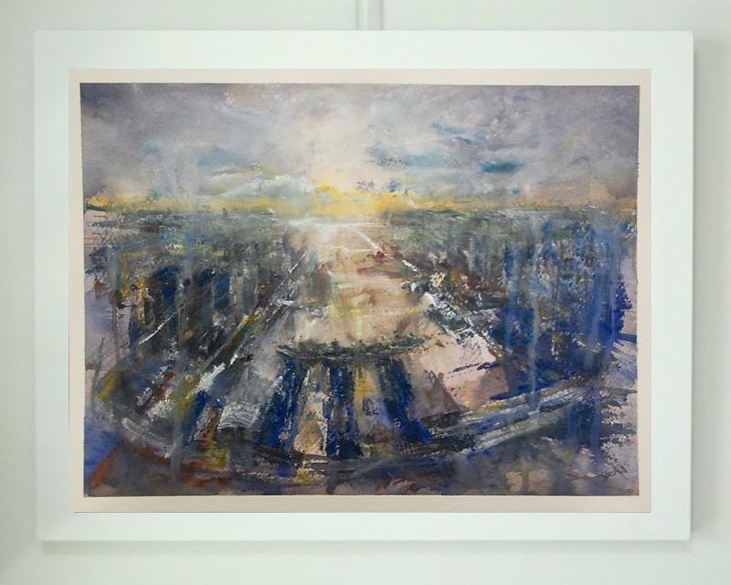 Marina Bay Sands - Singapore sunset skyscraper cityscape watercolor painting art in atmospheric abstract landscape style