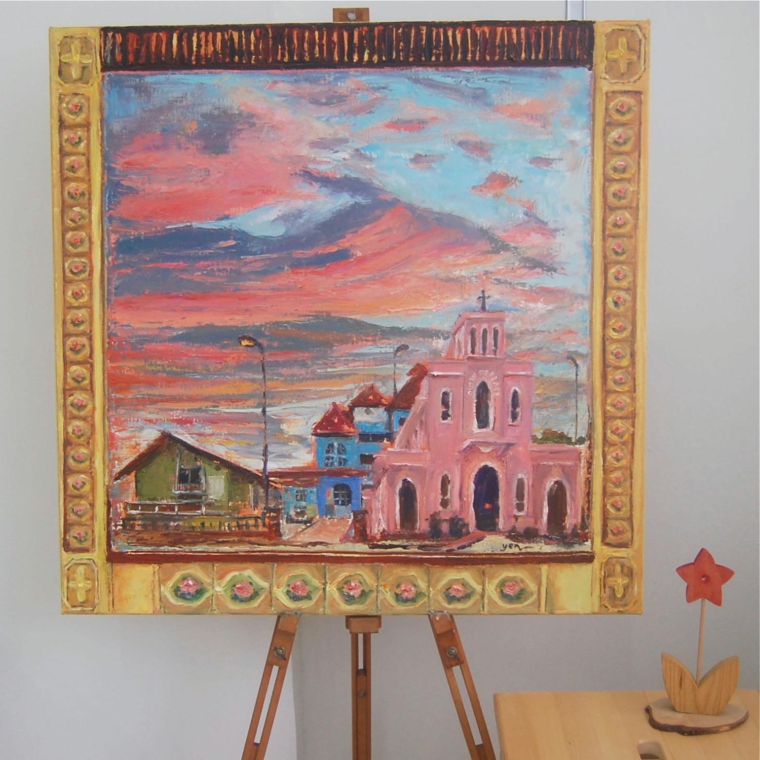 Singapore Impressionist Oil Painting Art, Queen of Peace Catholic Church, Pink Clouds, Pastel Landscape, Asian Art, Peranakan Tile, Window