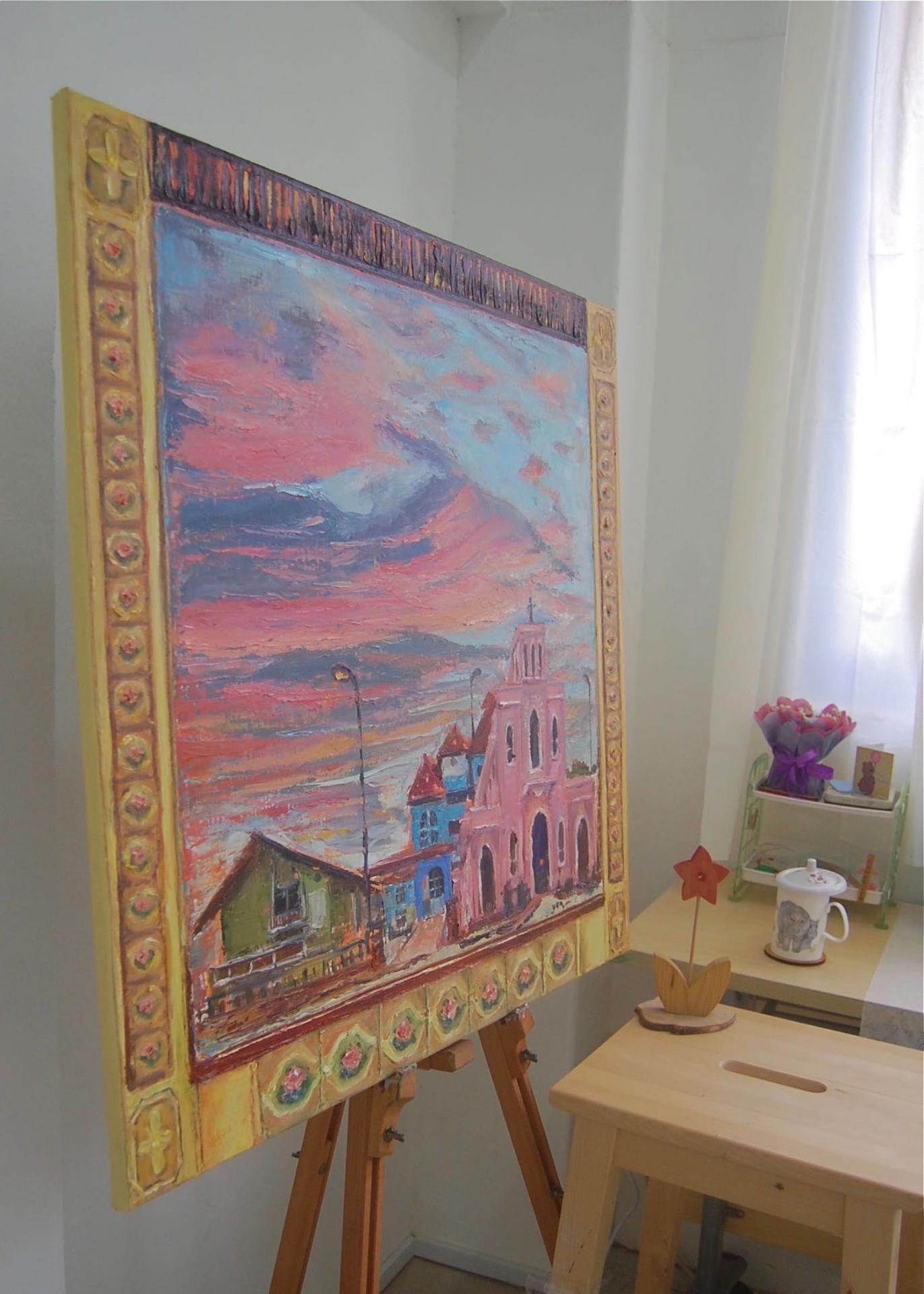 Singapore Impressionist Oil Painting Art, Queen of Peace Catholic Church, Pink Clouds, Pastel Landscape, Asian Art, Peranakan Tile, Window