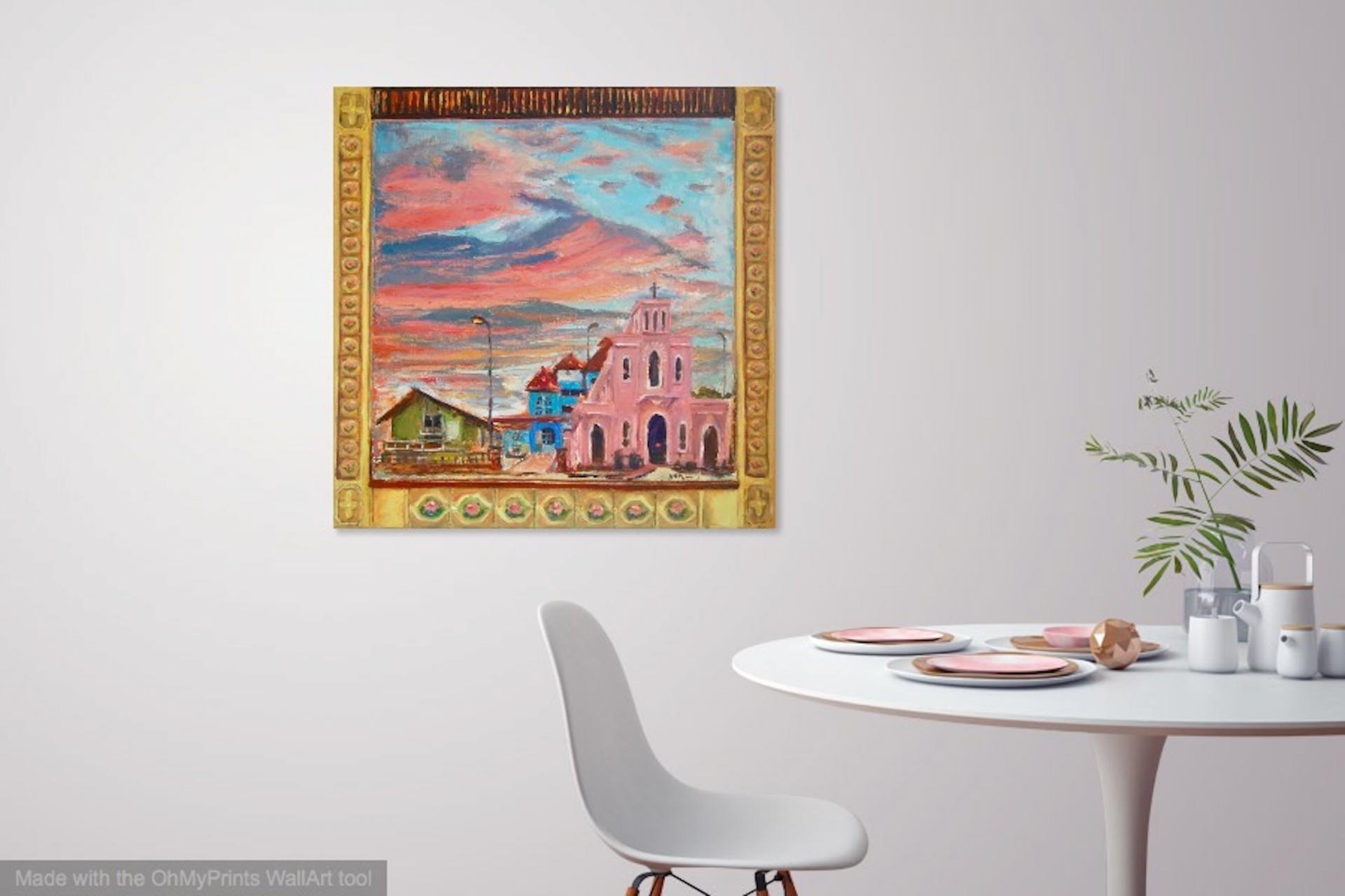 Singapore Impressionist Oil Painting Art, Queen of Peace Catholic Church, Pink Clouds, Pastel Landscape, Asian Art, Peranakan Tile, Window