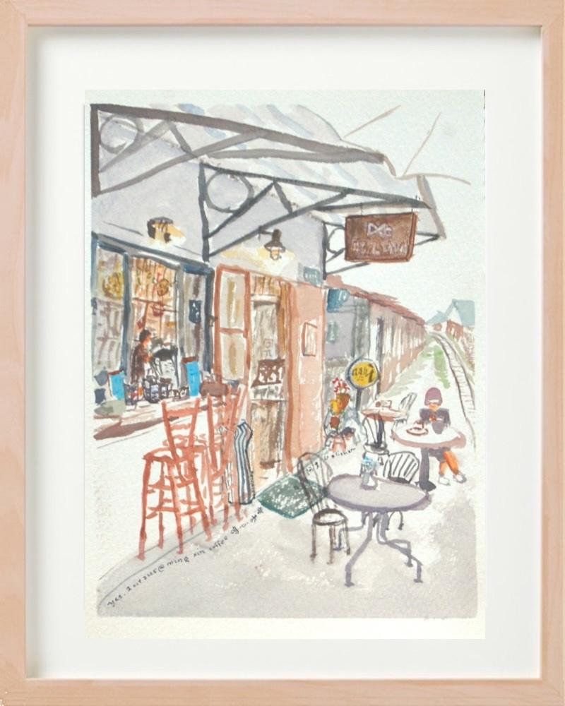 Taiwan Alishan cafe original watercolor painting - railway art - whimsical travel art