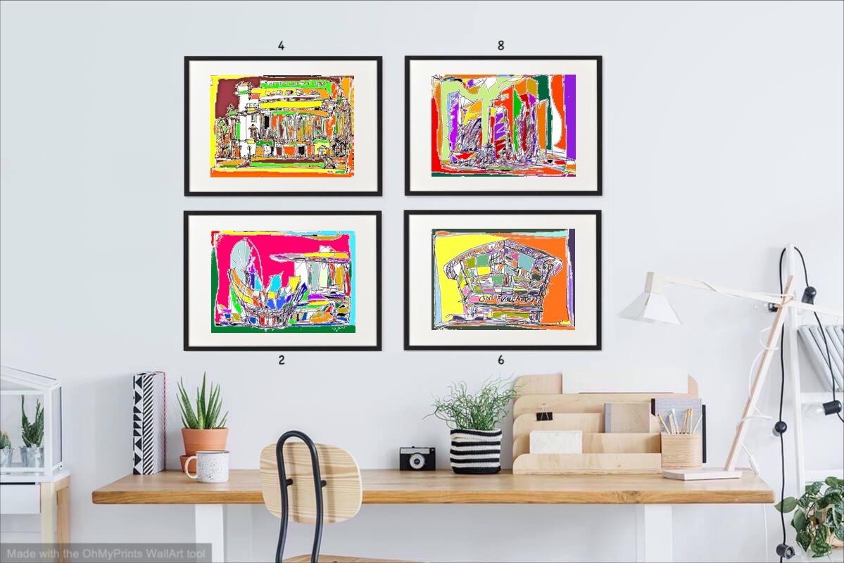 Singapore City Icons - Set of 8 Colorful Digital Pop Art Prints - Marina Bay Sands, Flyer, Fullerton Hotel - Singapore Travel Souvenirs