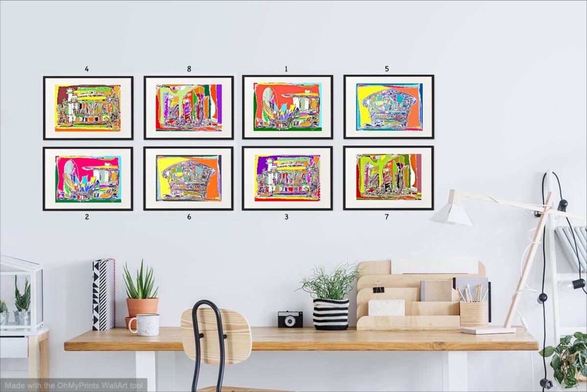 Singapore City Icons - Set of 8 Colorful Digital Pop Art Prints - Marina Bay Sands, Flyer, Fullerton Hotel - Singapore Travel Souvenirs