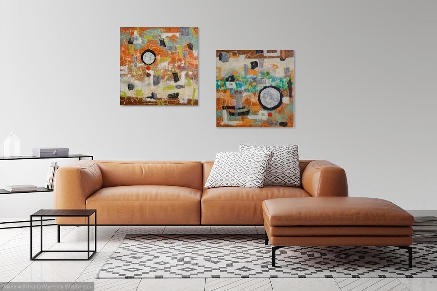 Musings whimsical zen circle abstract oil painting artwork decor, a bright cheerful orange patterns canvas art with rich impasto textures