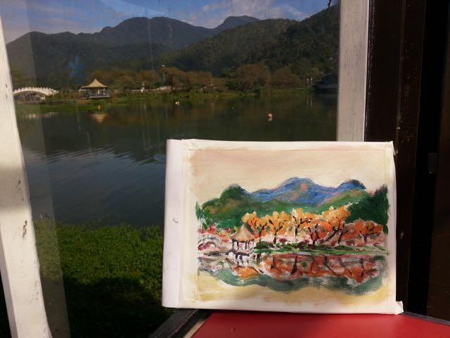 Taiwan Nantou county mountains lake chinese landscape impressionist painting, colorful original plein air acrylic artwork with water reflections