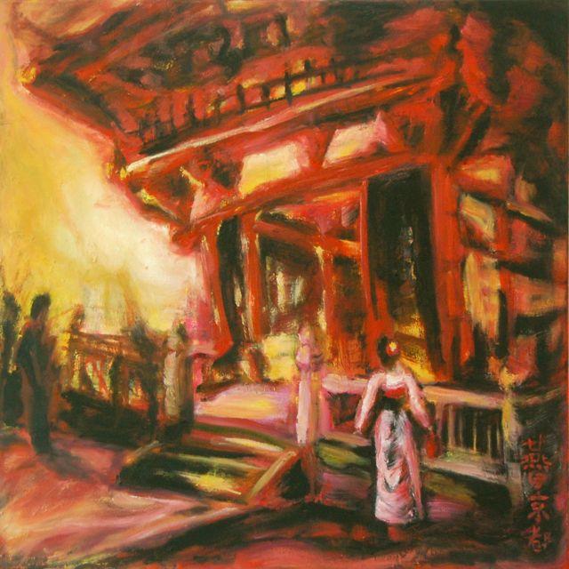 Kyoto Dream - Red Painting, Impressionist, Japanese Temple, Architectural Art, Oil Painting, Woman, Pink Kimono, Surreal Art, Mood Landscape