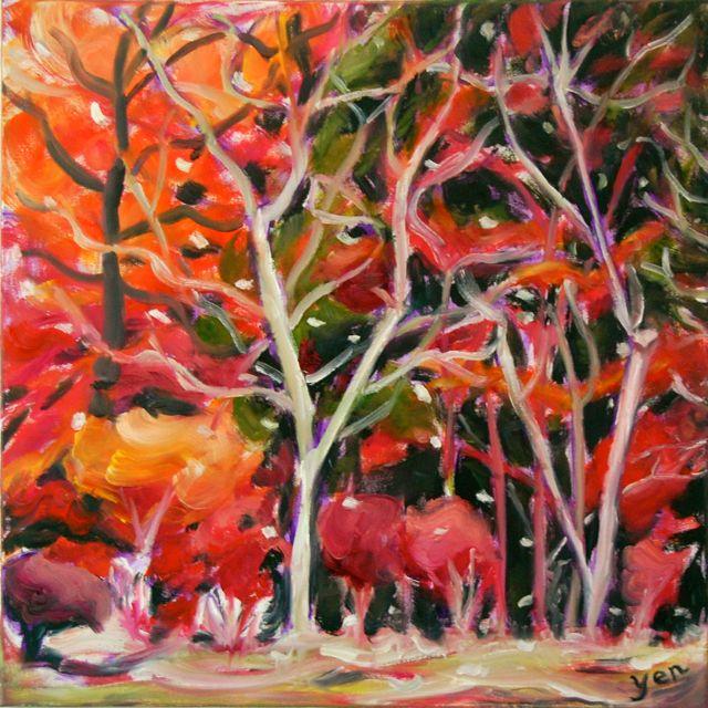 Magic Fall - whimsical autumn forest trees impressionist painting of Japan Kyoto Nakasendo Way nature hike landscape scenery at night