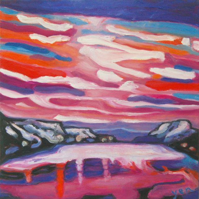 Akureyri -Iceland Winter Landscape Oil Painting, Van Gogh style, Snow Mountains, Sunset Sky, White Lake, Purple, Pink, Beautiful Scenery Art