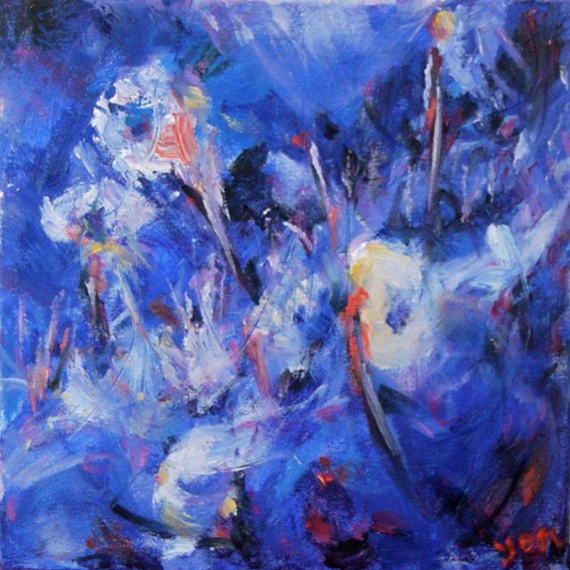 Winter Blooms -Blue Abstract Painting, Icelandic Nature, Snow Landscape, Original Art, Beautiful Oil Artwork, Impressionist Flowers, Seasons