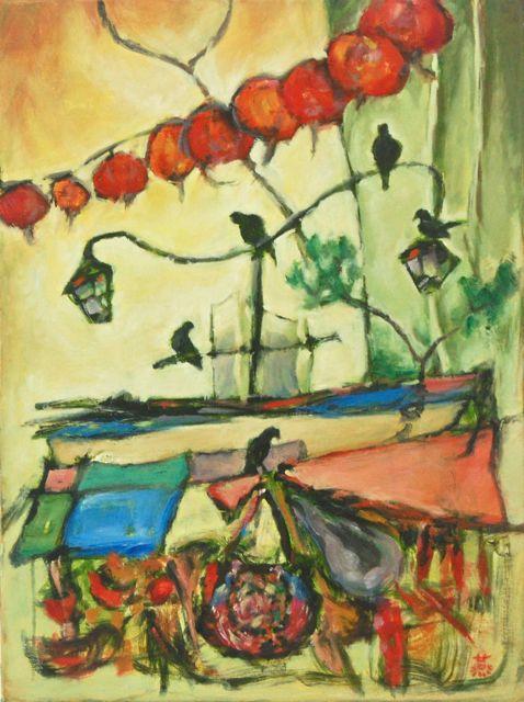 Birds flew over the Pagoda St nest -Singapore Chinatown, whimsical painting, lamppost, market street, colorful stalls, red lanterns, chinese