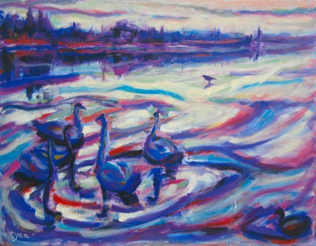 Swan Lake-Iceland Winter Landscape Oil Painting, Van Gogh style in whites, blue, purple, red hues, abstract scenery art