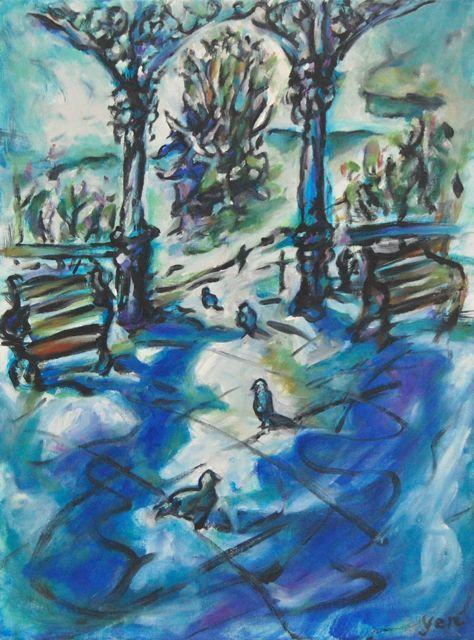Secret Garden - Blue, Singapore Botanic Gardens, Oil Painting, Victorian, Pavilion, Gazebo, Swan Lake, Nature, Birds, Park, Poetic, Lyrical