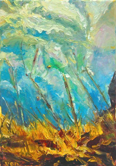 Unbending - Impressionist Abstract Oil Painting of Icelandic autumn nature scenery, original impasto fine art with water and clouds in wind