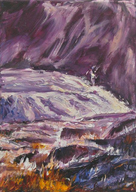 Flow -Abstract Iceland Waterfall Landscape Oil Painting of zen nature surreal waterscape, impressionist impasto knife artwork in purple hues