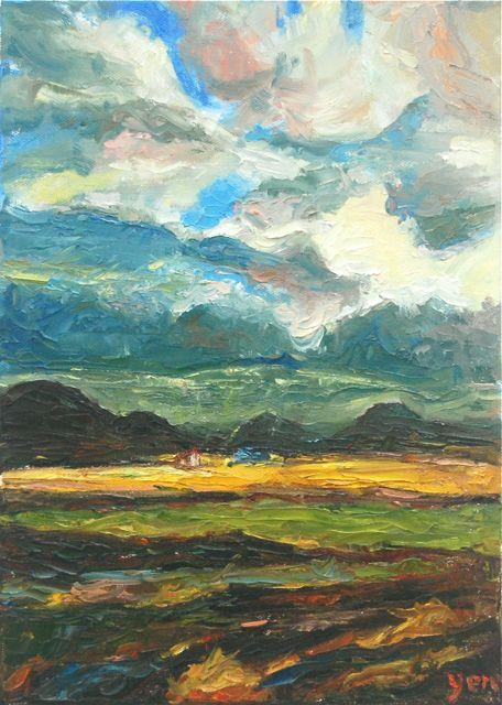 Haven -Impressionist Iceland Landscape Oil Painting of mountain storm clouds on the plains, with impasto surreal scenery of Icelandic houses