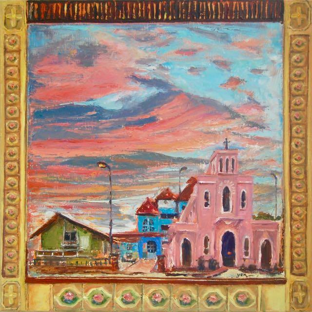 Singapore Impressionist Oil Painting Art, Queen of Peace Catholic Church, Pink Clouds, Pastel Landscape, Asian Art, Peranakan Tile, Window