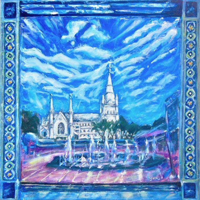 Singapore Impressionist Oil Painting Art, St Andrew's Cathedral church with water fountain, white clouds, blue sky and peranakan tile window