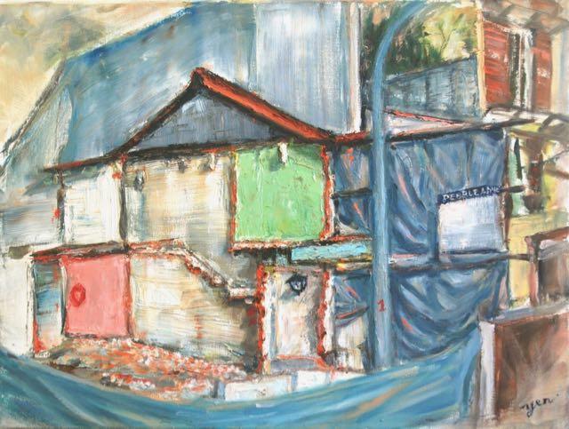 Once Upon A House - Impasto oil painting of old building ruins in Singapore evoking the memories of what the home might have been