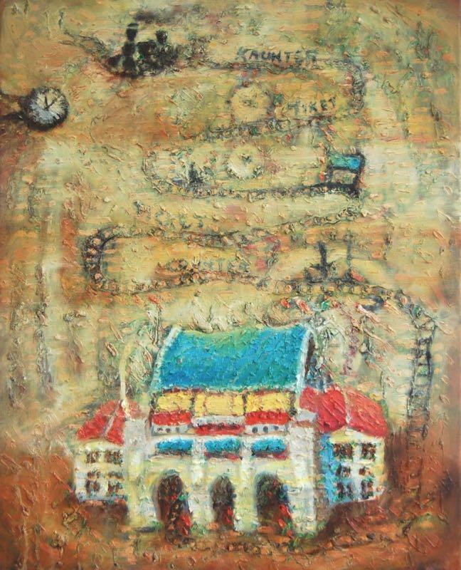 The Lost Station, whimsical train art oil painting of Singapore Tanjong Pagar Railway, an original impressionist artwork of vintage heritage