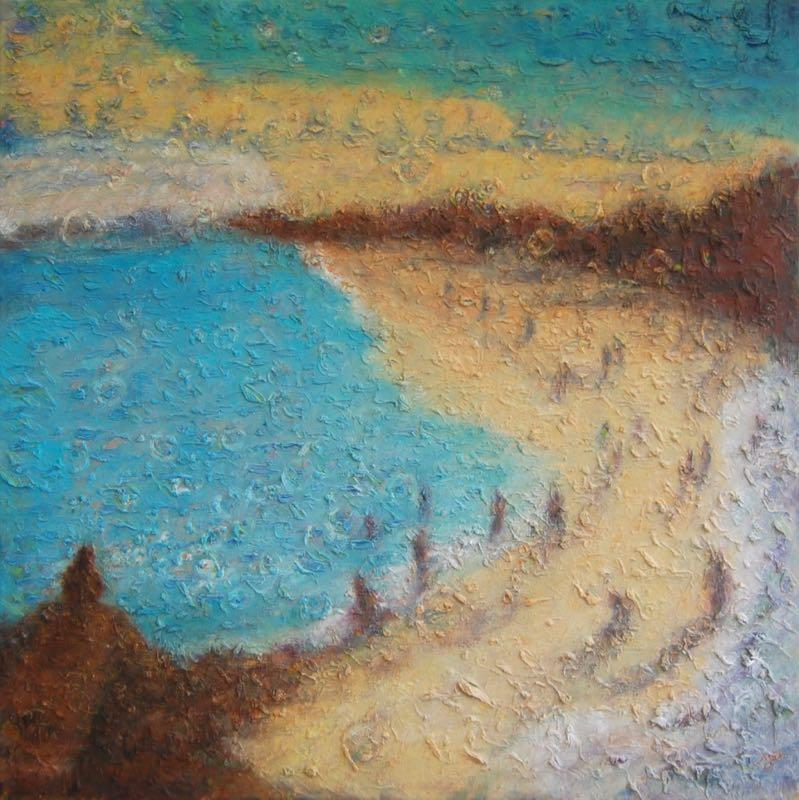 East Coast Dreams, abstract seascape original oil painting wall art of Singapore beach seaside with impasto textures in blue yellow colours