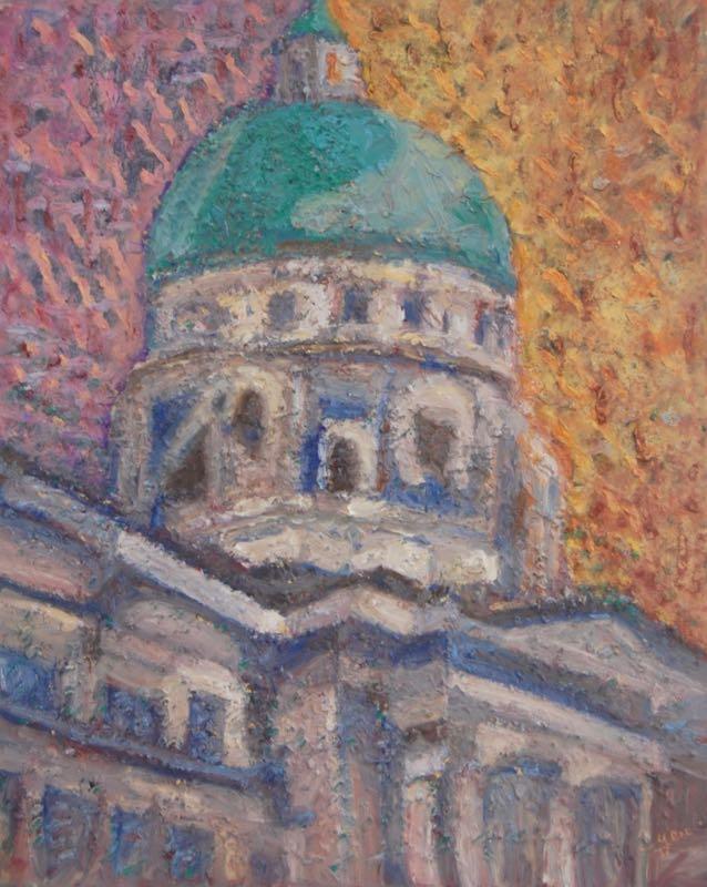 The Silent Dome, bright oil painting art of Singapore National Gallery, original architecture artwork in impressionist fauvist pop art style