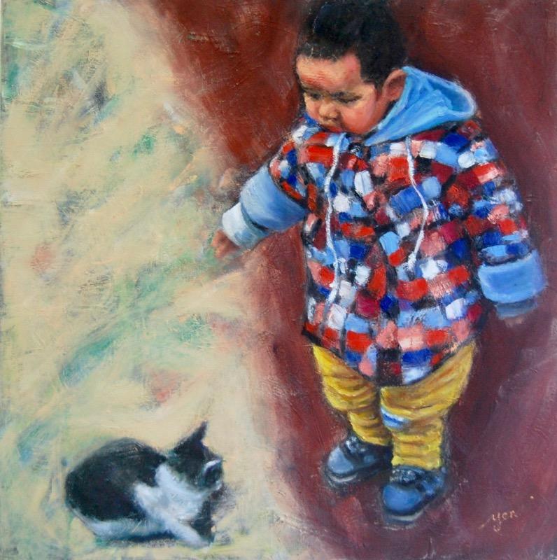 Boy & Cat - Whimsical Impressionist Child Figurative Painting, original oil artwork of innocence and curiosity by Singapore artist