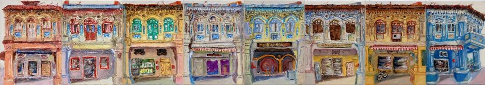 2 - Yellow pink impasto chinese shophouse oil painting at Singapore city heritage street of peranakan architecture in impressionist colors -SH2