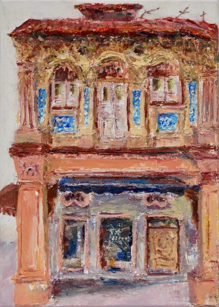 1 - Brick color impasto chinese shophouse oil painting at Singapore city heritage street of peranakan architecture in impressionist colors - SH1