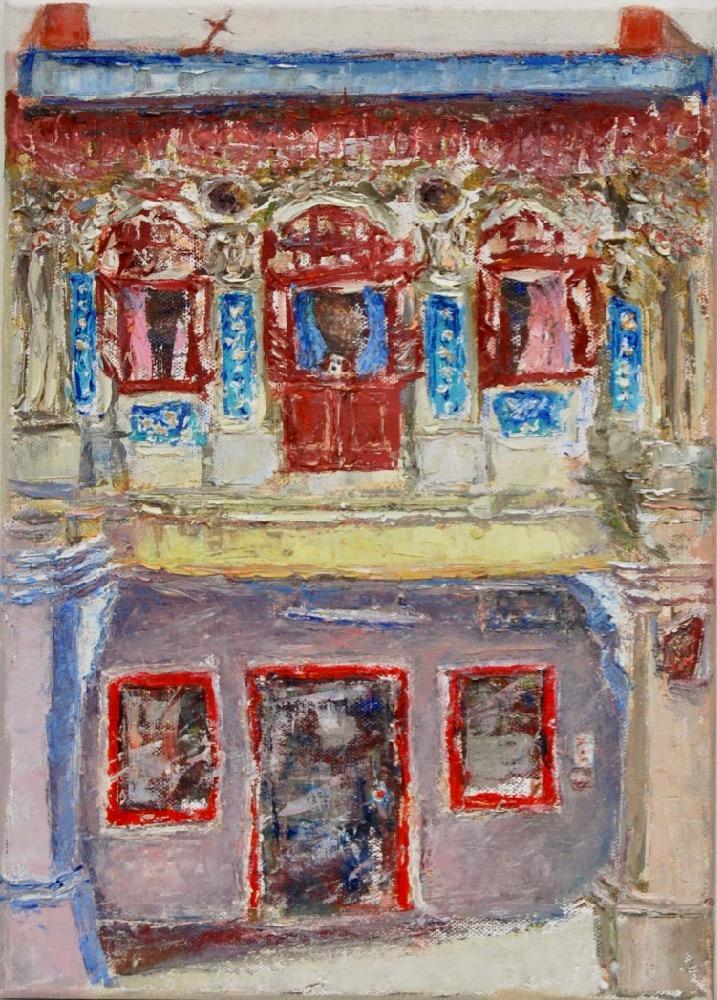 2 - Yellow pink impasto chinese shophouse oil painting at Singapore city heritage street of peranakan architecture in impressionist colors -SH2