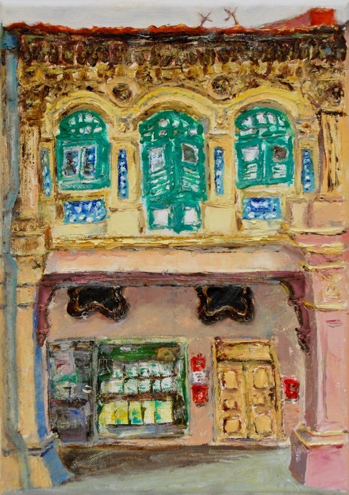 3 - Yellow green impasto chinese shophouse oil painting at Singapore city heritage street of peranakan architecture in impressionist colors -SH3