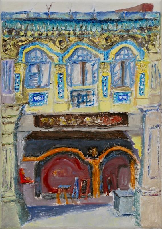 Joo Chiat shophouse impasto oil painting (Cinco) from The 8 Shophouses series by Singapore artist HweeYen Ong