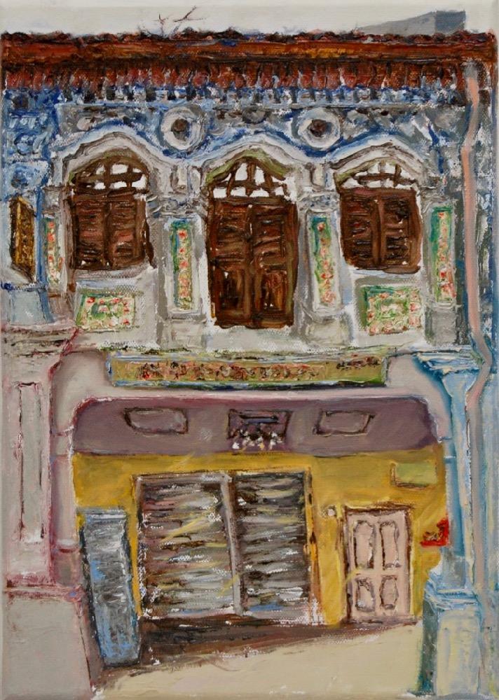 6 - Bluish pink impasto chinese shophouse oil painting at Singapore city heritage street of peranakan architecture in impressionist colors -SH6