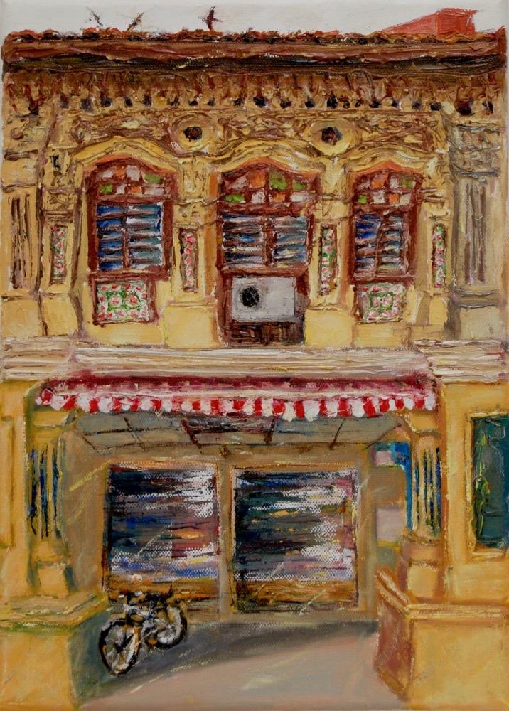 7 - Yellow impasto chinese shophouse oil painting at Singapore city heritage street of peranakan architecture in impressionist colors -SH7