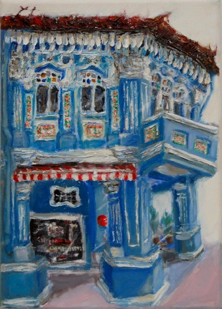 8 - Blue impasto chinese shophouse oil painting at Singapore city heritage street of peranakan architecture in impressionist colors -SH8