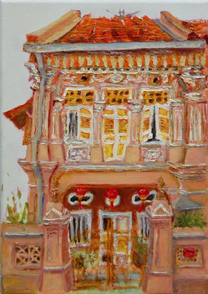 1 - Amber Peranakan Shophouse Oil Painting - Most Colorful and Picturesque Street in Singapore City - 8-Row Art Series - Singapore Gift -PH1