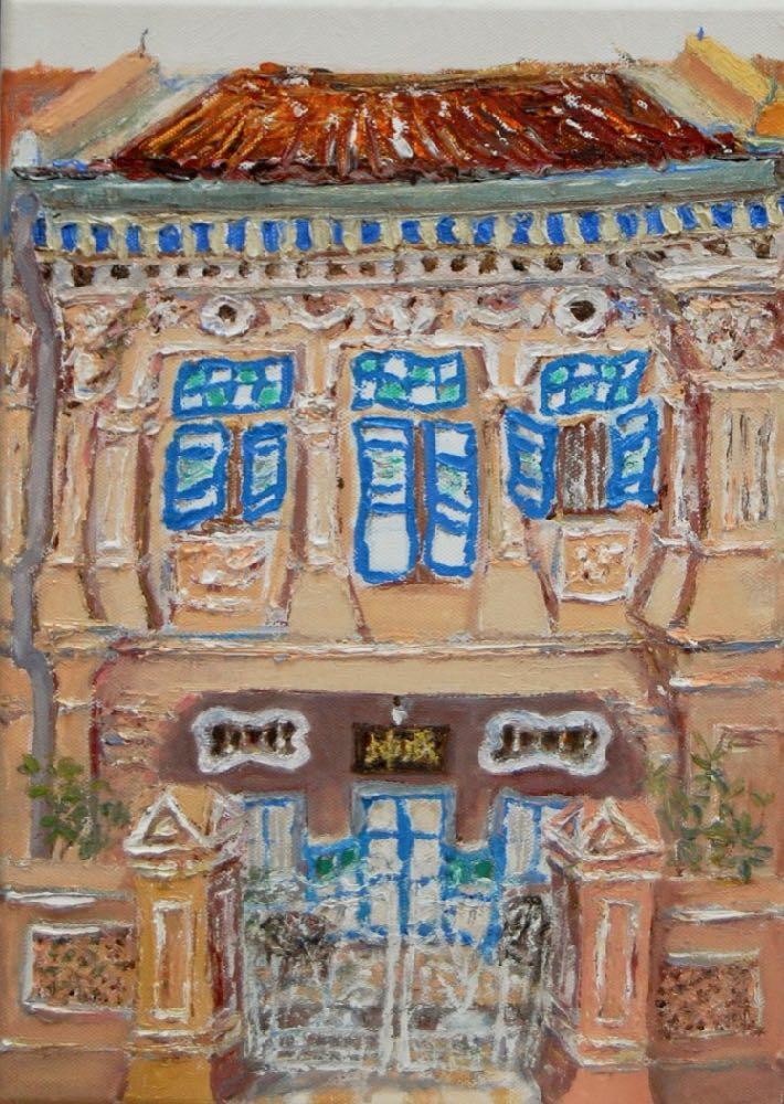 3 - Biege chinese peranakan shophouse oil painting at Singapore city most colorful picturesque street of colonial houses in vibrant pastels -PH3