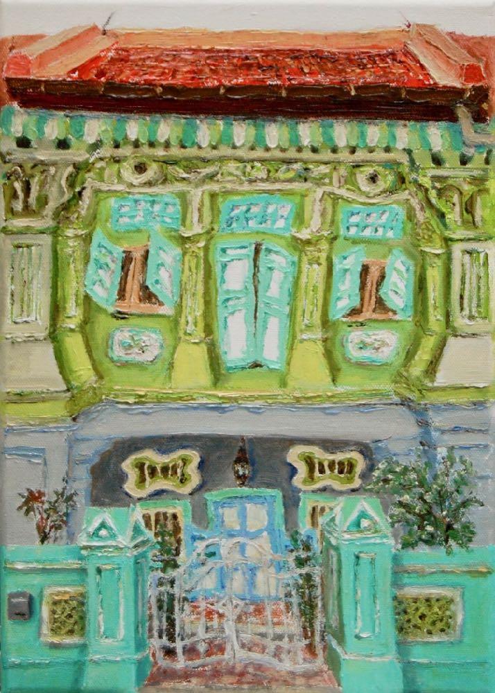 4 - Green Peranakan Shophouse Oil Painting - Most Colorful and Picturesque Street in Singapore City - 8-Row Art Series - Singapore Gift -PH4