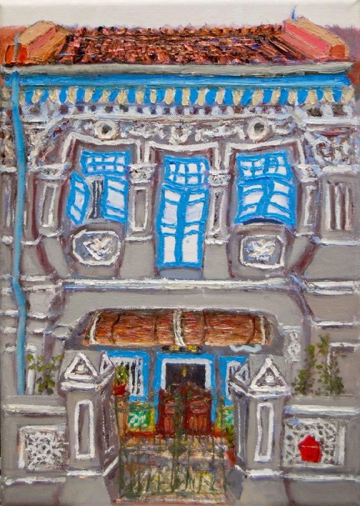 5 - Grey Peranakan Shophouse Oil Painting - Singapore City Heritage Artwork for Home Decor - 8-Row Art Collection - Singapore Souvenir -PH5