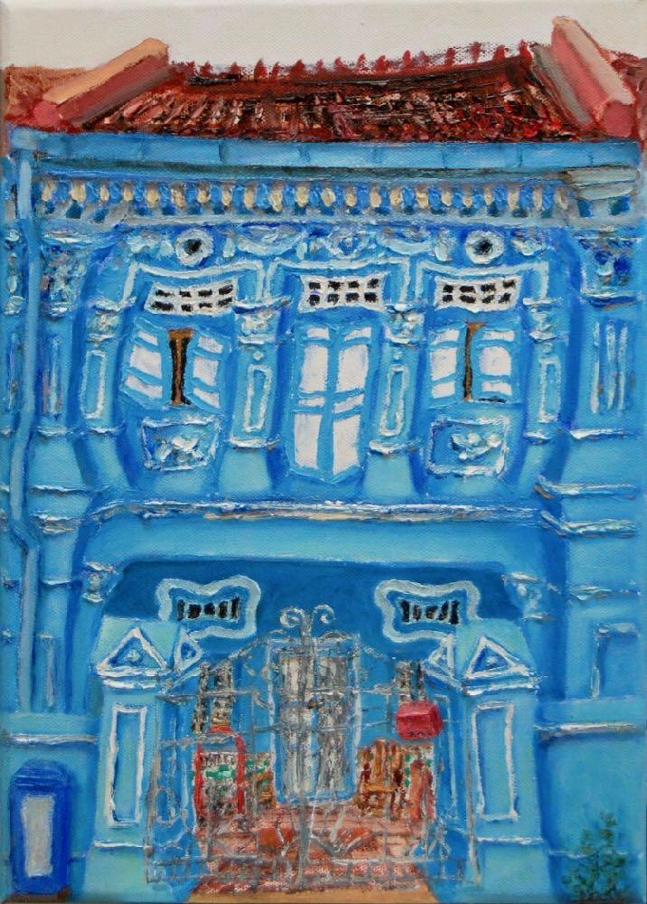 7 - Blue Peranakan Shophouse Oil Painting - Most Colorful and Picturesque Street in Singapore City - 8-Row Art Series - Singapore Gift -PH7