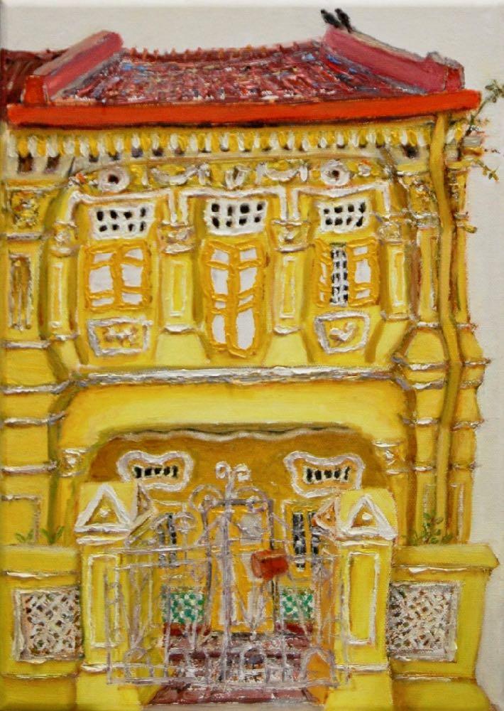 8 - Yellow chinese peranakan shophouse oil painting at Singapore city most colorful picturesque street of colonial houses in vibrant pastels -PH8