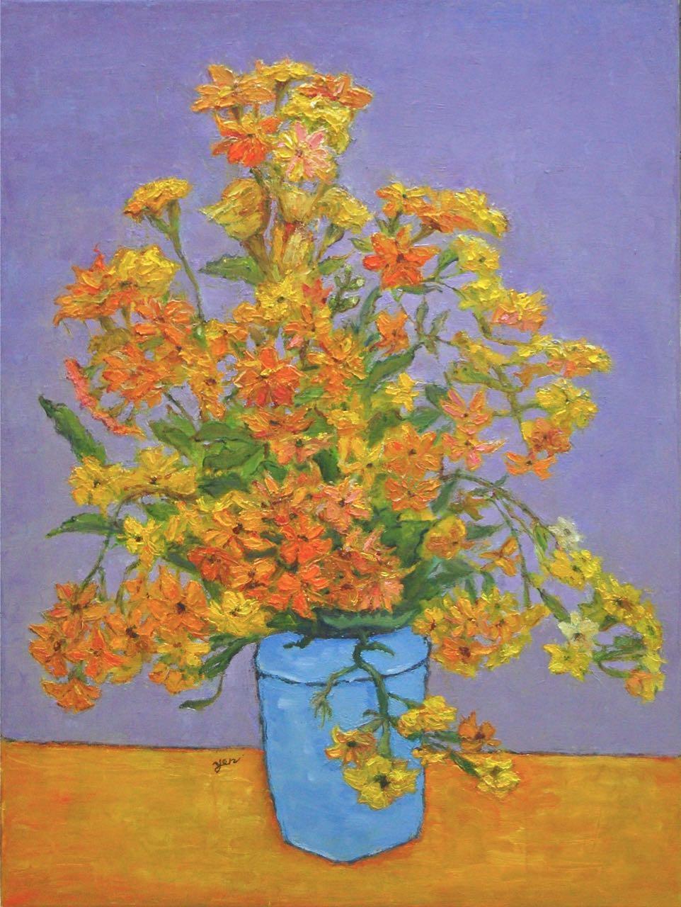 Yellow flowers in blue pot original oil painting, bright orange blooms impressionist still life art in impasto van gogh style vibrant colors