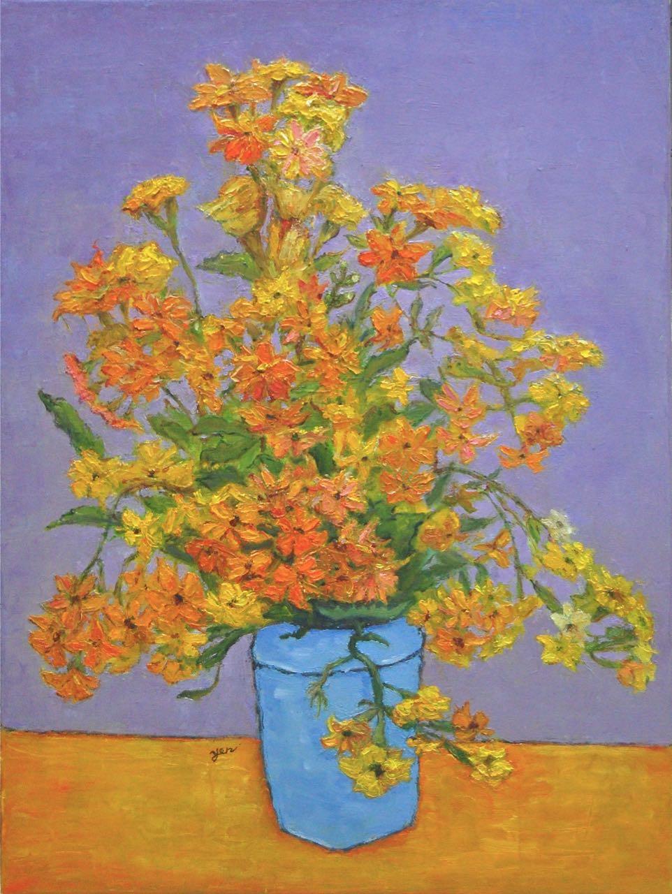 Yellow Flowers in Blue Pot Original Oil Painting - Impressionist Style Still Life - Hand-Painted Fine Art - Home Decor - Unique Gift Idea